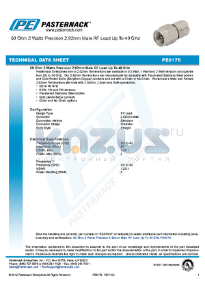 PE6176 datasheet - 50 Ohm 2 Watts Precision 2.92mm Male RF Load Up To 40 GHz