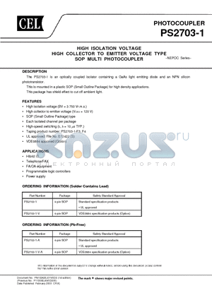 PS2703-1 datasheet - HIGH ISOLATION VOLTAGE HIGH COLLECTOR TO EMITTER VOLTAGE TYPE SOP MULTI PHOTOCOUPLER