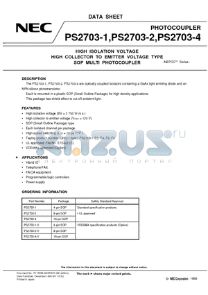 PS2703-4 datasheet - HIGH ISOLATION VOLTAGE HIGH COLLECTOR TO EMITTER VOLTAGE TYPE SOP MULTI PHOTOCOUPLER