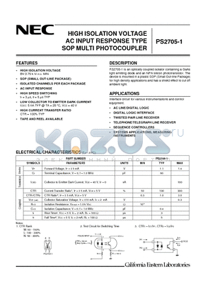 PS2705-1 datasheet - HIGH ISOLATION VOLTAGE AC INPUT RESPONSE TYPE SOP MULTI PHOTOCOUPLER