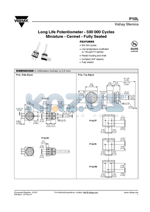 P10LYEAG503MB4 datasheet - Long Life Potentiometer - 500 000 Cycles Miniature - Cermet - Fully Sealed