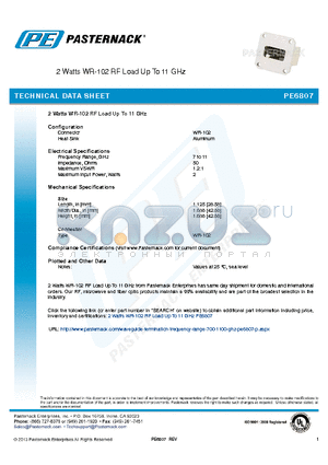 PE6807 datasheet - 2 Watts WR-102 RF Load Up To 11 GHz