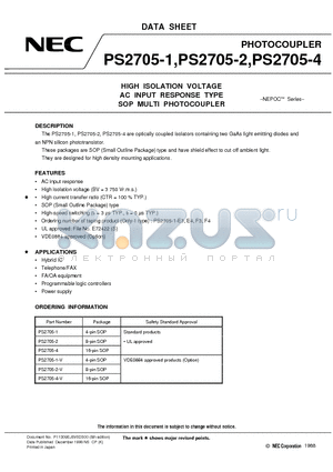 PS2705-1-V datasheet - HIGH ISOLATION VOLTAGE AC INPUT RESPONSE TYPE SOP MULTI PHOTOCOUPLER