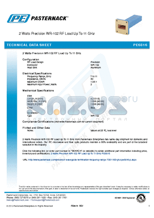 PE6816 datasheet - 2 Watts Precision WR-102 RF Load Up To 11 GHz