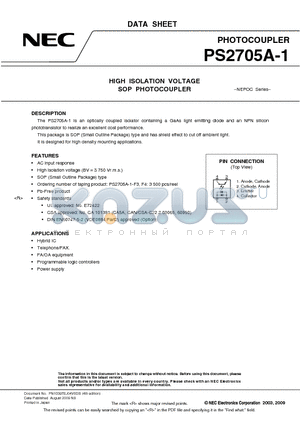 PS2705A-1-V-A datasheet - HIGH ISOLATION VOLTAGE SOP PHOTOCOUPLER