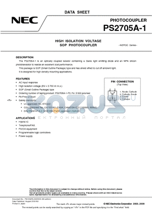 PS2705A-1-V-F3-A datasheet - HIGH ISOLATION VOLTAGE SOP PHOTOCOUPLER