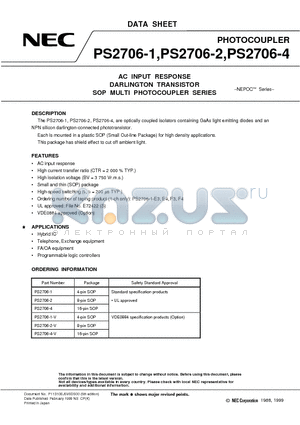 PS2706-1-V datasheet - AC INPUT RESPONSE DARLINGTON TRANSISTOR SOP MULTI PHOTOCOUPLER SERIES