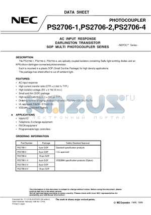 PS2706-2 datasheet - AC INPUT RESPONSE DARLINGTON TRANSISTOR SOP MULTI PHOTOCOUPLER SERIES