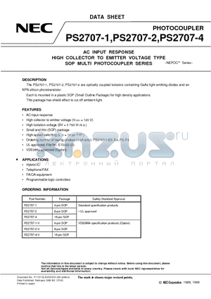 PS2707-1 datasheet - AC INPUT RESPONSE HIGH COLLECTOR TO EMITTER VOLTAGE TYPE SOP MULTI PHOTOCOUPLER SERIES