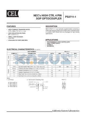 PS2711 datasheet - NECs HIGH CTR, 4 PIN SOP OPTOCOUPLER