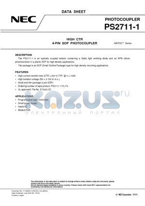 PS2711-1-F4 datasheet - HIGH CTR 4-PIN SOP PHOTOCOUPLER