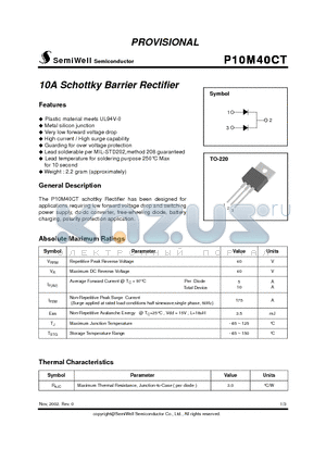 P10M40CT datasheet - 10A Schottky Barrier Rectifier