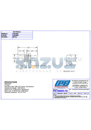 PE700003-10 datasheet - ST BULKHEAD ATTENUATOR, SINGLE MODE