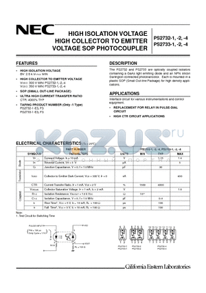 PS2733-1 datasheet - HIGH ISOLATION VOLTAGE HIGH COLLECTOR TO EMITTER VOLTAGE SOP PHOTOCOUPLER