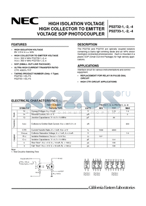 PS2732-1 datasheet - HIGH ISOLATION VOLTAGE HIGH COLLECTOR TO EMITTER VOLTAGE SOP PHOTOCOUPLER