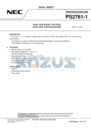 PS2761-1-F3 datasheet - HIGH ISOLATION VOLTAGE 4-PIN SOP PHOTOCOUPLER
