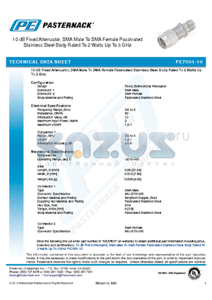 PE7001-10 datasheet - 10 dB Fixed Attenuator, SMA Male To SMA Female Passivated Stainless Steel Body Rated To 2 Watts Up To 3 GHz