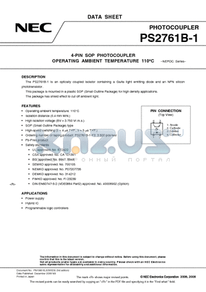 PS2761B-1-A datasheet - 4-PIN SOP PHOTOCOUPLER OPERATING AMBIENT TEMPERATURE 110`C