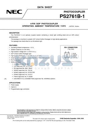 PS2761B-1-F3-A datasheet - 4-PIN SOP PHOTOCOUPLER OPERATING AMBIENT TEMPERATURE 110`C