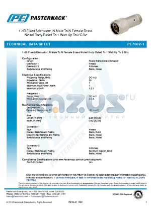 PE7002-1 datasheet - 1 dB Fixed Attenuator, N Male To N Female Brass Nickel Body Rated To 1 Watt Up To 2 GHz