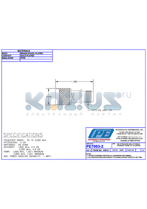 PE7003-2 datasheet - TNC ATTENUATOR, MALE TO FEMALE FREQUENCY RANGE: DC TO 2,000 MHz