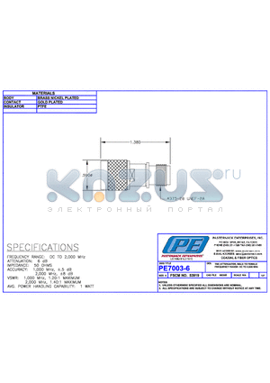 PE7003-6 datasheet - TNC ATTENUATOR, MALE TO FEMALE FREQUENCY RANGE; DC TO 2,000MHz