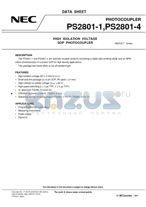 PS2801-4-F4 datasheet - HIGH ISOLATION VOLTAGE SOP PHOTOCOUPLER