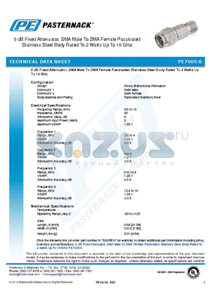 PE7005-8 datasheet - 8 dB Fixed Attenuator, SMA Male To SMA Female Passivated Stainless Steel Body Rated To 2 Watts Up To 18 GHz