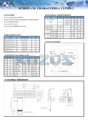 SC2002F datasheet - 20 CHARACTERS x 2 LINES