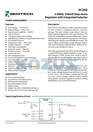 SC202 datasheet - 3.5MHz, 500mA Step-down Regulator with Integrated Inductor