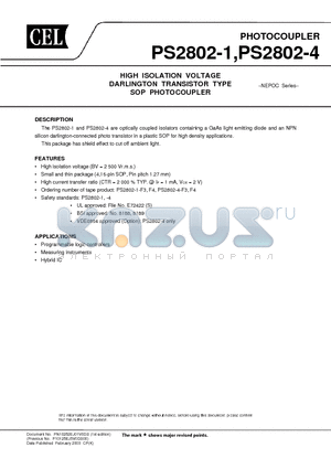 PS2802-1 datasheet - HIGH ISOLATION VOLTAGE DARLINGTON TRANSISTOR TYPE SOP PHOTOCOUPLER