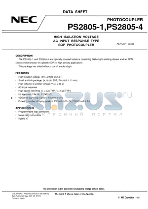 PS2805 datasheet - HIGH ISOLATION VOLTAGE AC INPUT RESPONSE TYPE SOP PHOTOCOUPLER