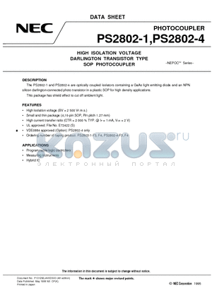 PS2802-4-F3 datasheet - HIGH ISOLATION VOLTAGE DARLINGTON TRANSISTOR TYPE SOP PHOTOCOUPLER