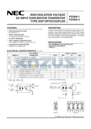 PS2806-1 datasheet - HIGH ISOLATION VOLTAGE AC INPUT DARLINGTON TRANSISTOR TYPE SOP OPTOCOUPLER