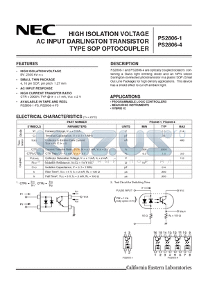 PS2806-4-F4 datasheet - HIGH ISOLATION VOLTAGE AC INPUT DARLINGTON TRANSISTOR TYPE SOP OPTOCOUPLER