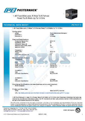 PE7017-1 datasheet - 1 dB Fixed Attenuator, N Male To N Female Rated To 25 Watts Up To 18 GHz