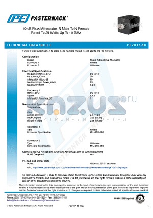 PE7017-10 datasheet - 10 dB Fixed Attenuator, N Male To N Female Rated To 25 Watts Up To 18 GHz