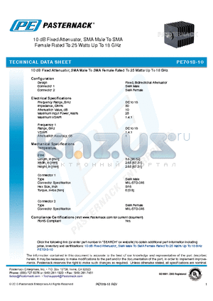 PE7018-10 datasheet - 10 dB Fixed Attenuator, SMA Male To SMA Female Rated To 25 Watts Up To 18 GHz