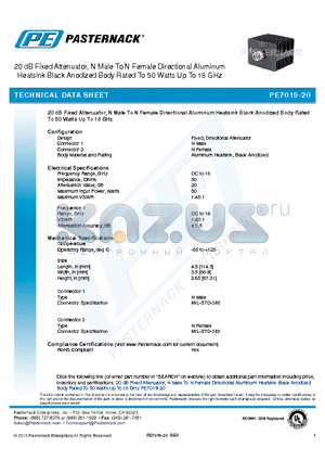 PE7019-20 datasheet - 20 dB Fixed Attenuator, N Male To N Female Directional Aluminum Heatsink Black Anodized Body Rated To 50 Watts Up To 18 GHz