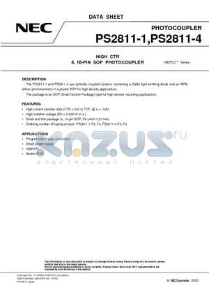 PS2811-4 datasheet - HIGH CTR 4, 16-PIN SOP PHOTOCOUPLER