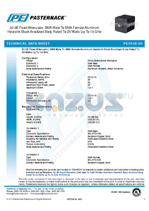 PE7018-30 datasheet - 30 dB Fixed Attenuator, SMA Male To SMA Female Aluminum Heatsink Black Anodized Body Rated To 25 Watts Up To 18 GHz