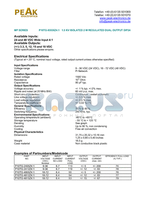 P10TG-4805Z41 datasheet - 1.5 KV ISOLATED 2 W REGULATED DUAL OUTPUT DIP24