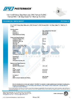 PE7034-3 datasheet - 0 to 10 dB Rotary Step Attenuator, BNC Female To BNC Female With 1 dB Step Rated To 1 Watt Up To 2 GHz