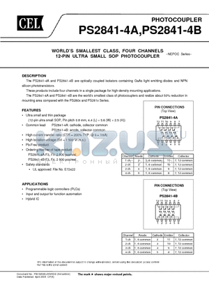 PS2841-4A-F4 datasheet - WORLDS SMALLEST CLASS, FOUR CHANNELS 12-PIN ULTRA SMALL SOP PHOTOCOUPLER