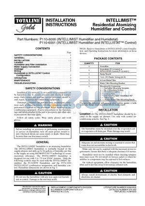 P110-6000 datasheet - INTELLIMISTTM Residential Atomizing Humidifier and Control