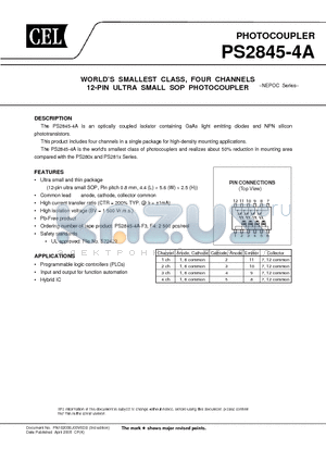 PS2845-4A datasheet - WORLDS SMALLEST CLASS, FOUR CHANNELS 12-PIN ULTRA SMALL SOP PHOTOCOUPLER