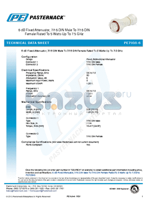 PE7039-6 datasheet - 6 dB Fixed Attenuator, 7/16 DIN Male To 7/16 DIN Female Rated To 5 Watts Up To 7.5 GHz