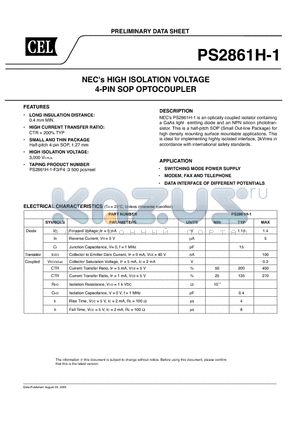 PS2861H-1 datasheet - NECs HIGH ISOLATION VOLTAGE 4-PIN SOP OPTOCOUPLER