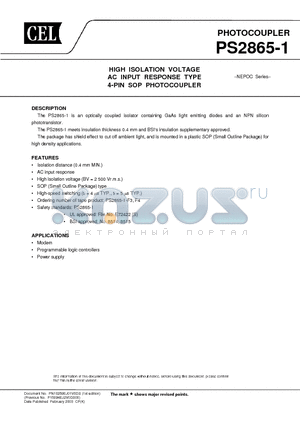 PS2865-1 datasheet - HIGH ISOLATION VOLTAGE AC INPUT RESPONSE TYPE 4-PIN SOP PHOTOCOUPLER