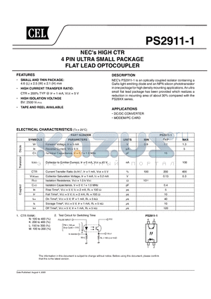 PS2911-1 datasheet - NECs HIGH CTR, 4 PIN ULTRA SMALL PACKAGE FLAT LEAD OPTOCOUPLER